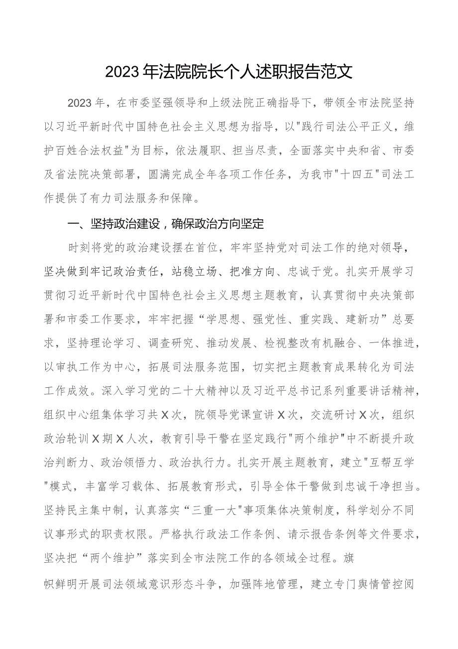 2023年法院负责人个人述职报告院长工作总结汇报.docx_第1页