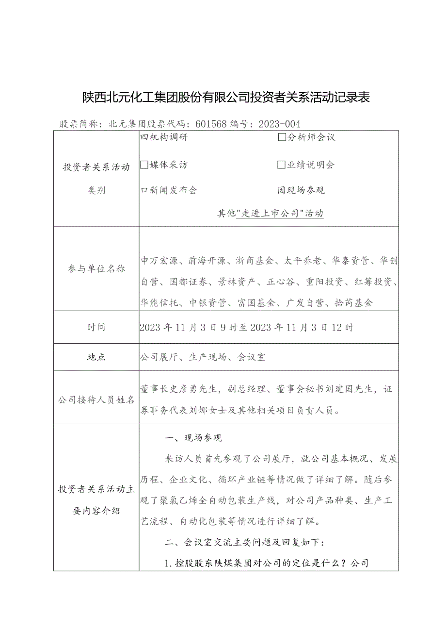 陕西北元化工集团股份有限公司投资者关系活动记录表.docx_第1页