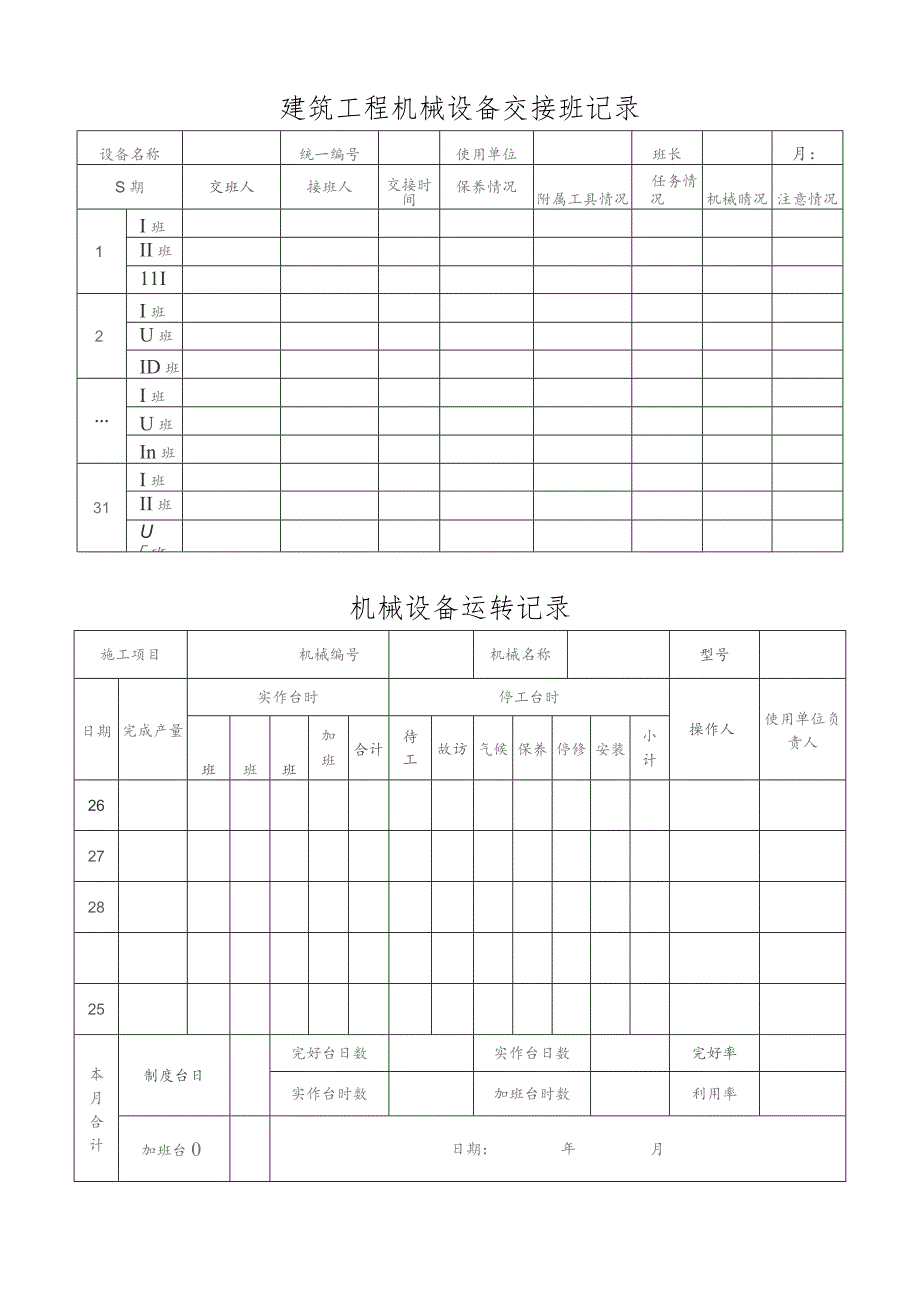 建筑工程机械设备交接班记录.docx_第1页