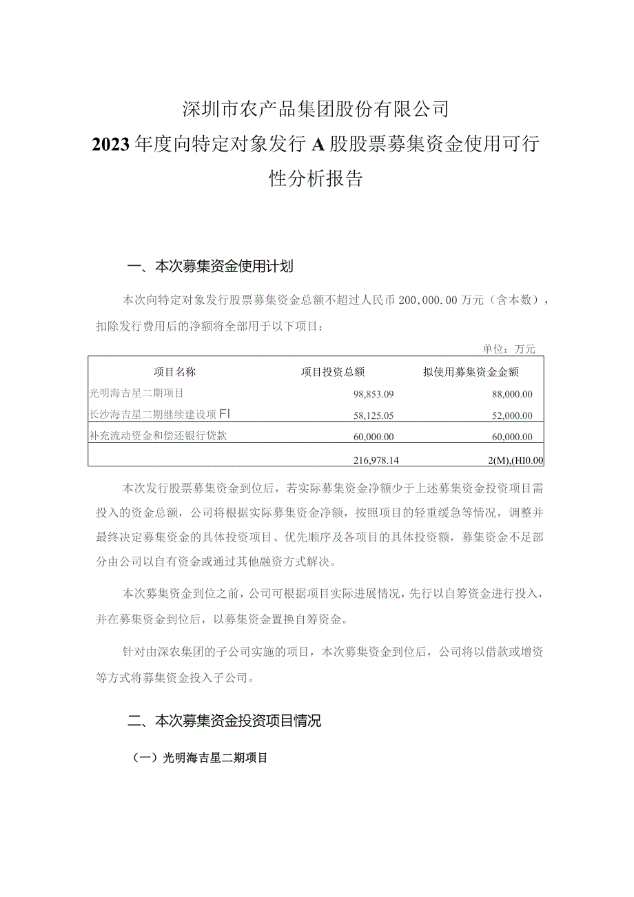 农产品：2023年度向特定对象发行A股股票募集资金使用可行性分析报告.docx_第1页