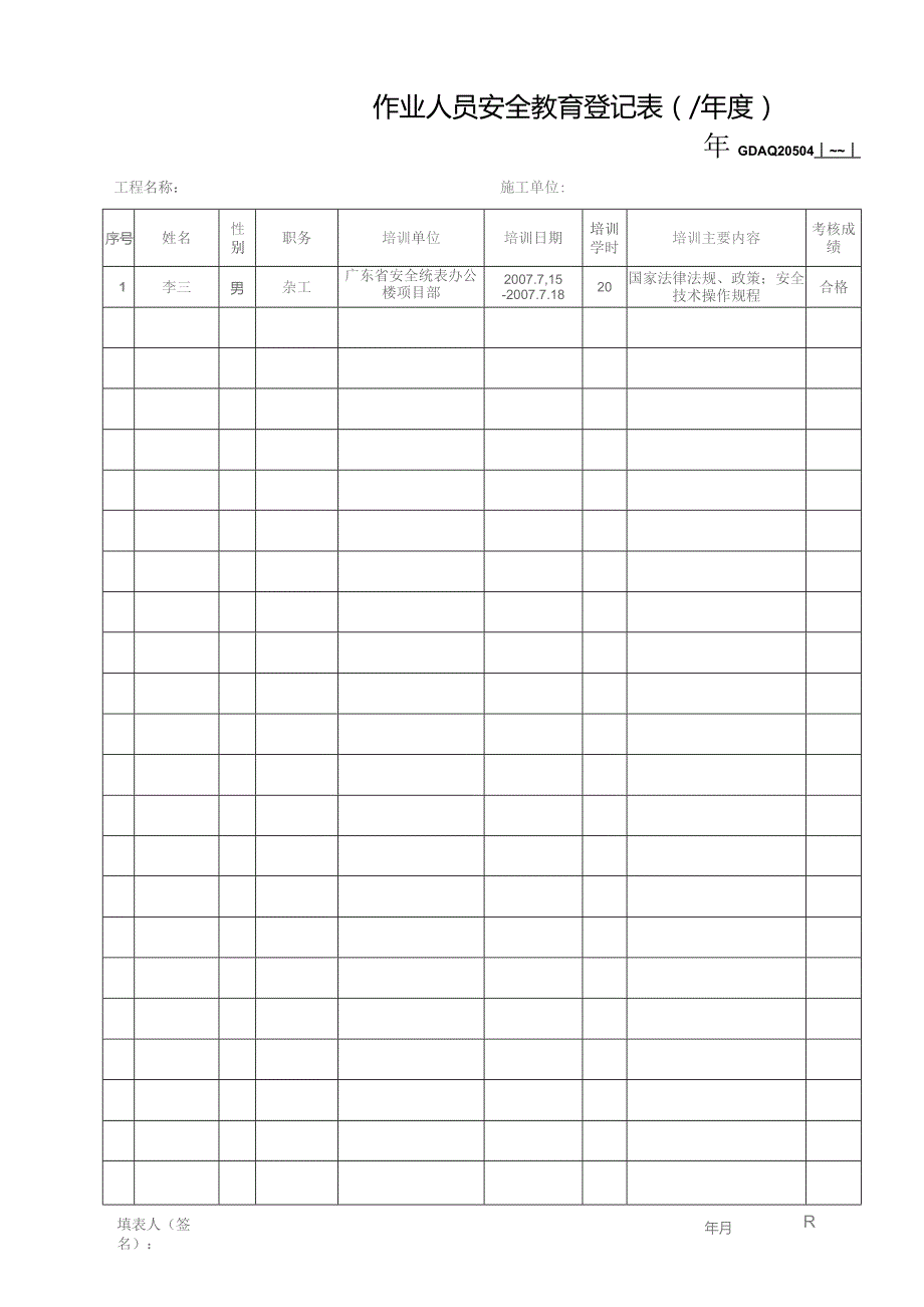 作业人员安全教育登记表.docx_第1页