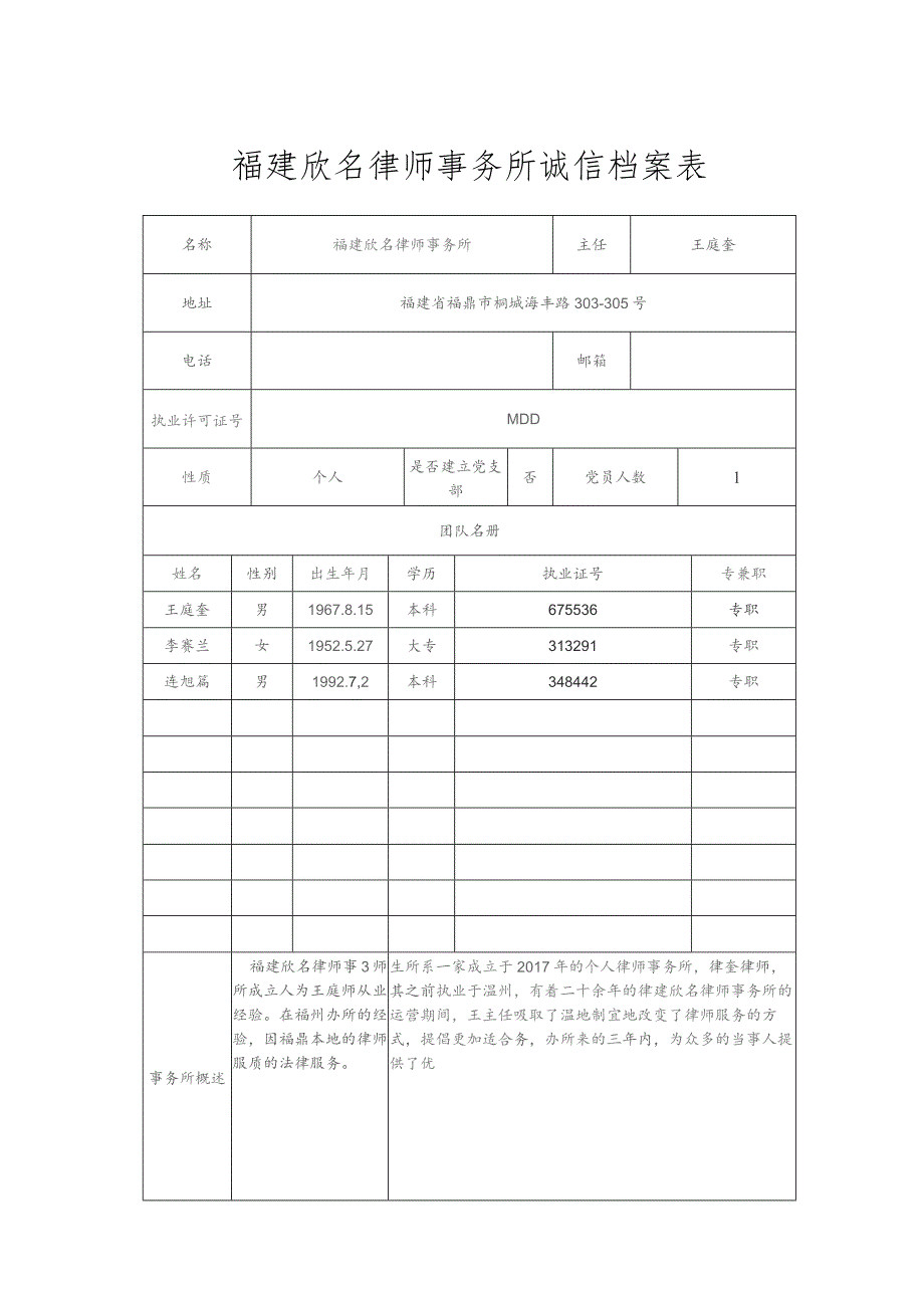 福建欣名律师事务所诚信档案表.docx_第1页