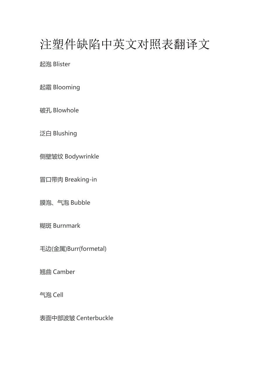 注塑件缺陷中英文对照表翻译文.docx_第1页