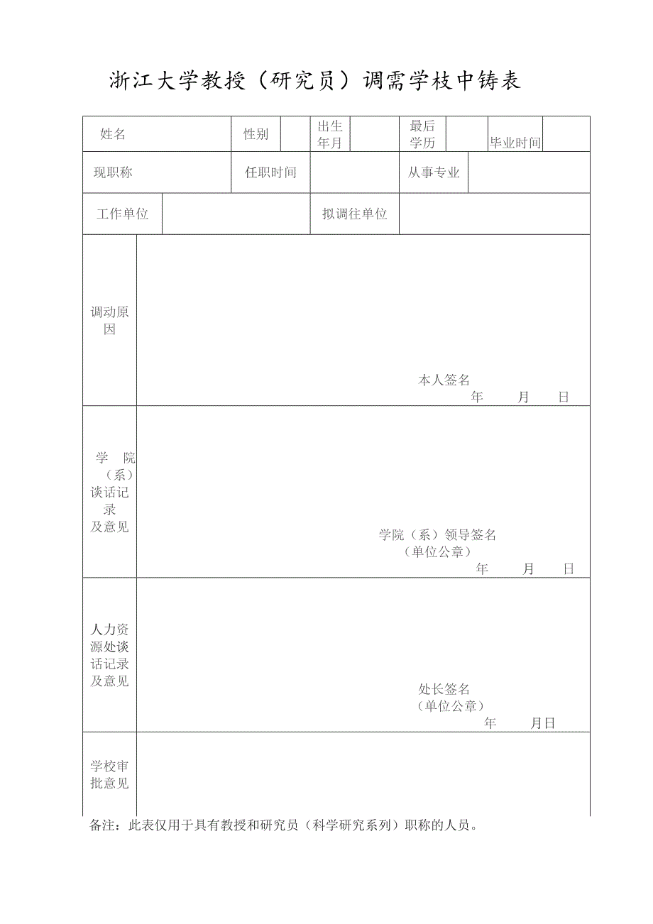 浙江大学教授研究员调离学校申请表.docx_第1页