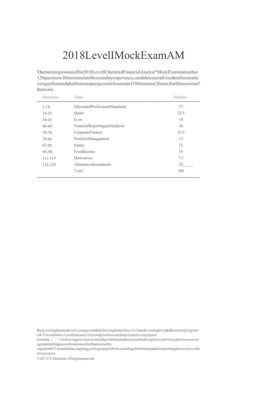 CFA一级历年模拟考试(2015-2019)：2018 Level I Mock Exam AM-Session (with Solutions) _removed.docx_第1页