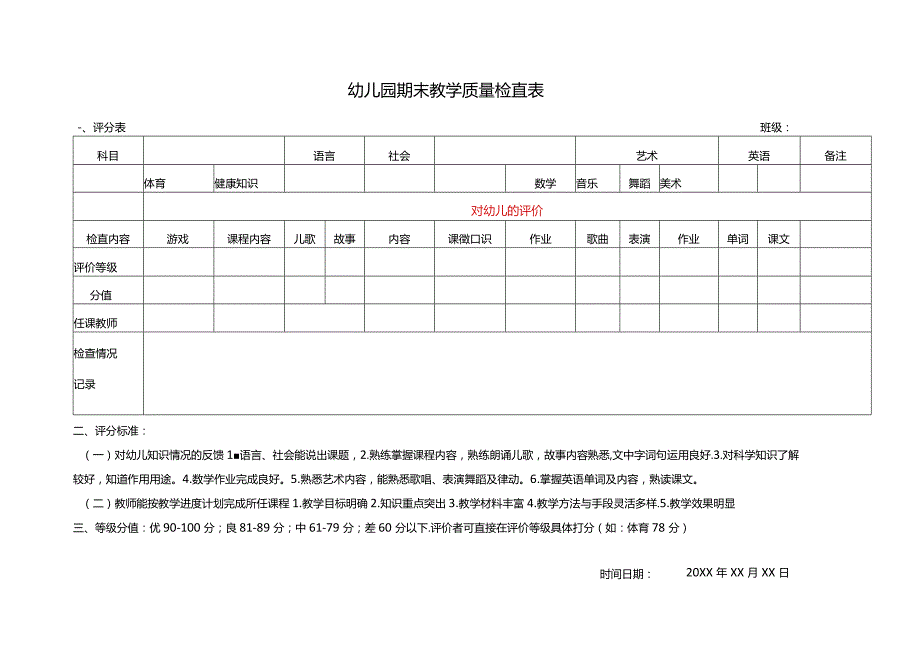 XX幼儿园期末教学质量检查表.docx_第1页