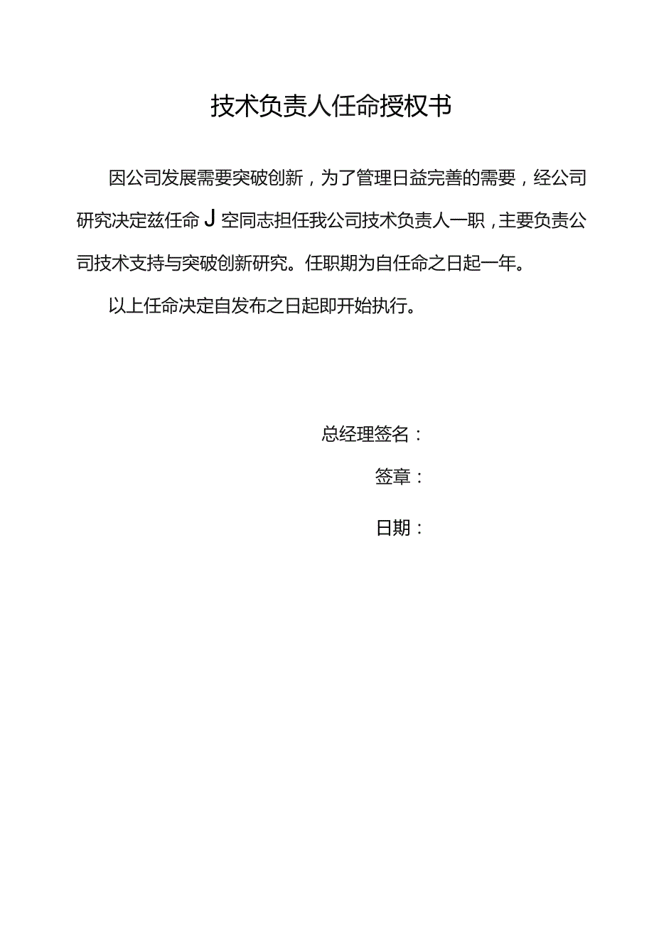 技术负责人任命授权书.docx_第1页