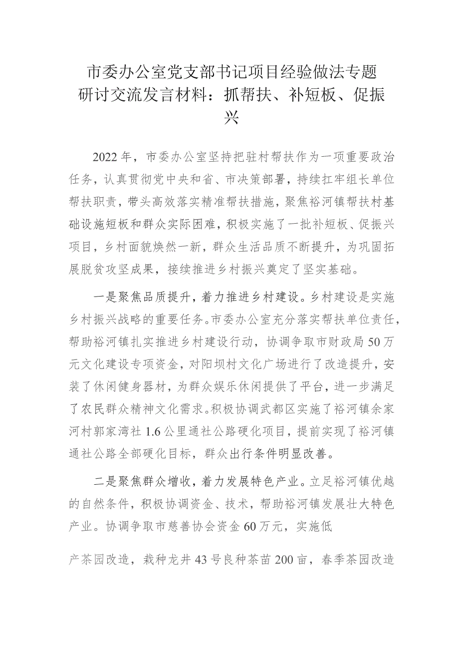 市委办公室党支部书记项目经验做法专题研讨交流发言材料：抓帮扶、补短板、促振兴.docx_第1页