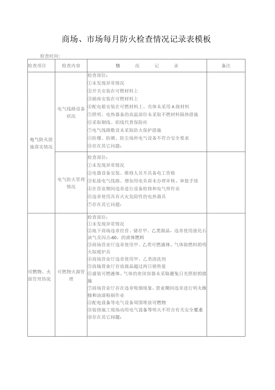 商场、市场每月防火检查情况记录表模板.docx_第1页