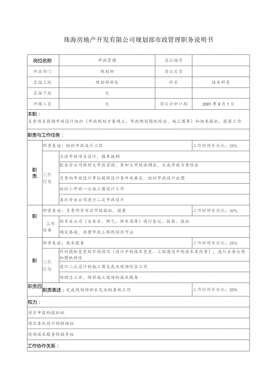 珠海房地产开发有限公司规划部市政管理职务说明书.docx_第1页