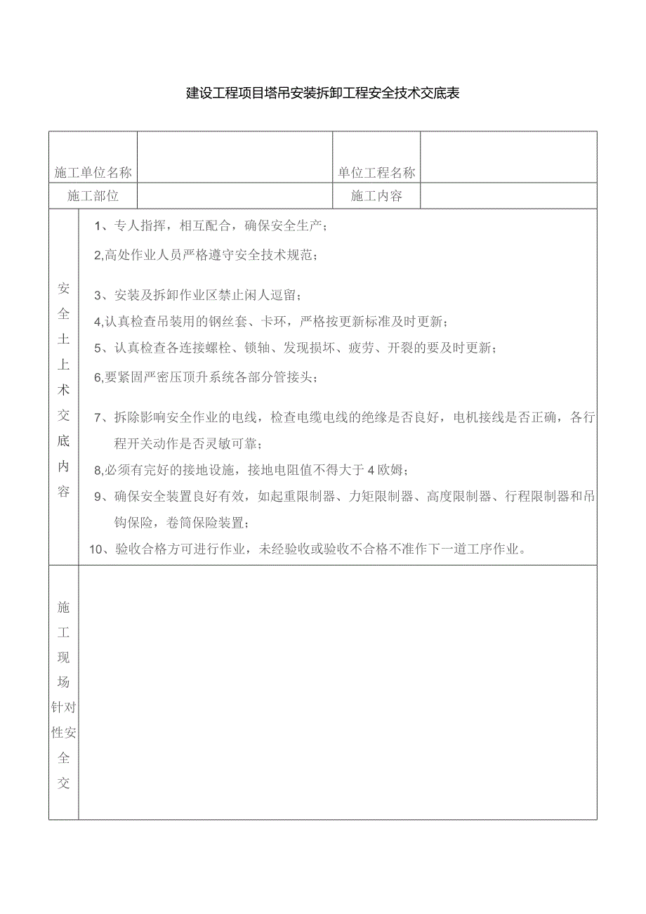 建设工程项目塔吊安装拆卸工程安全技术交底表.docx_第1页