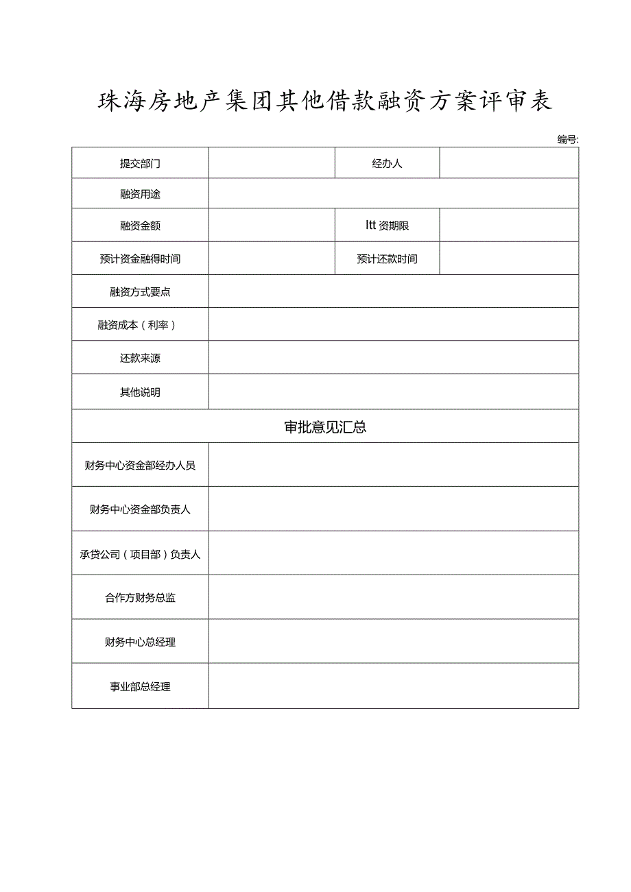 珠海房地产集团其他借款融资方案评审表.docx_第1页