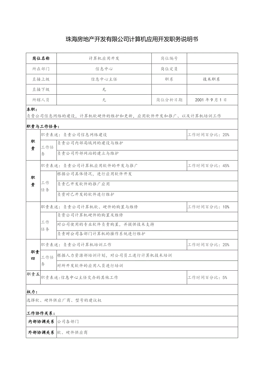 珠海房地产开发有限公司计算机应用开发职务说明书.docx_第1页