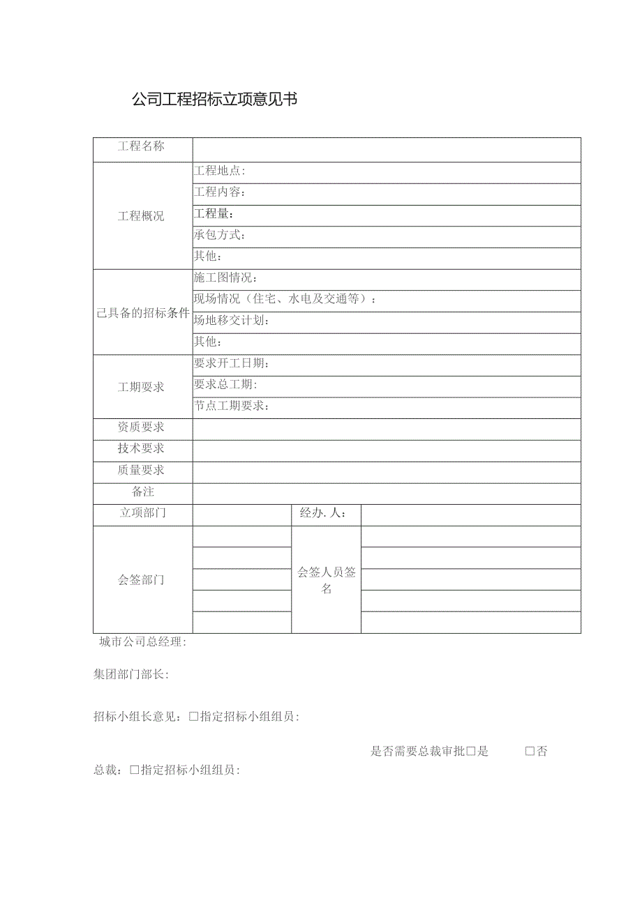 置业集团公司工程招标立项意见书.docx_第1页