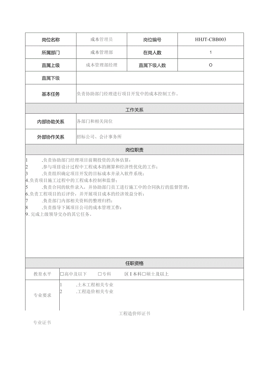 地产集团总公司成本管理部成本管理员岗位说明书.docx_第1页