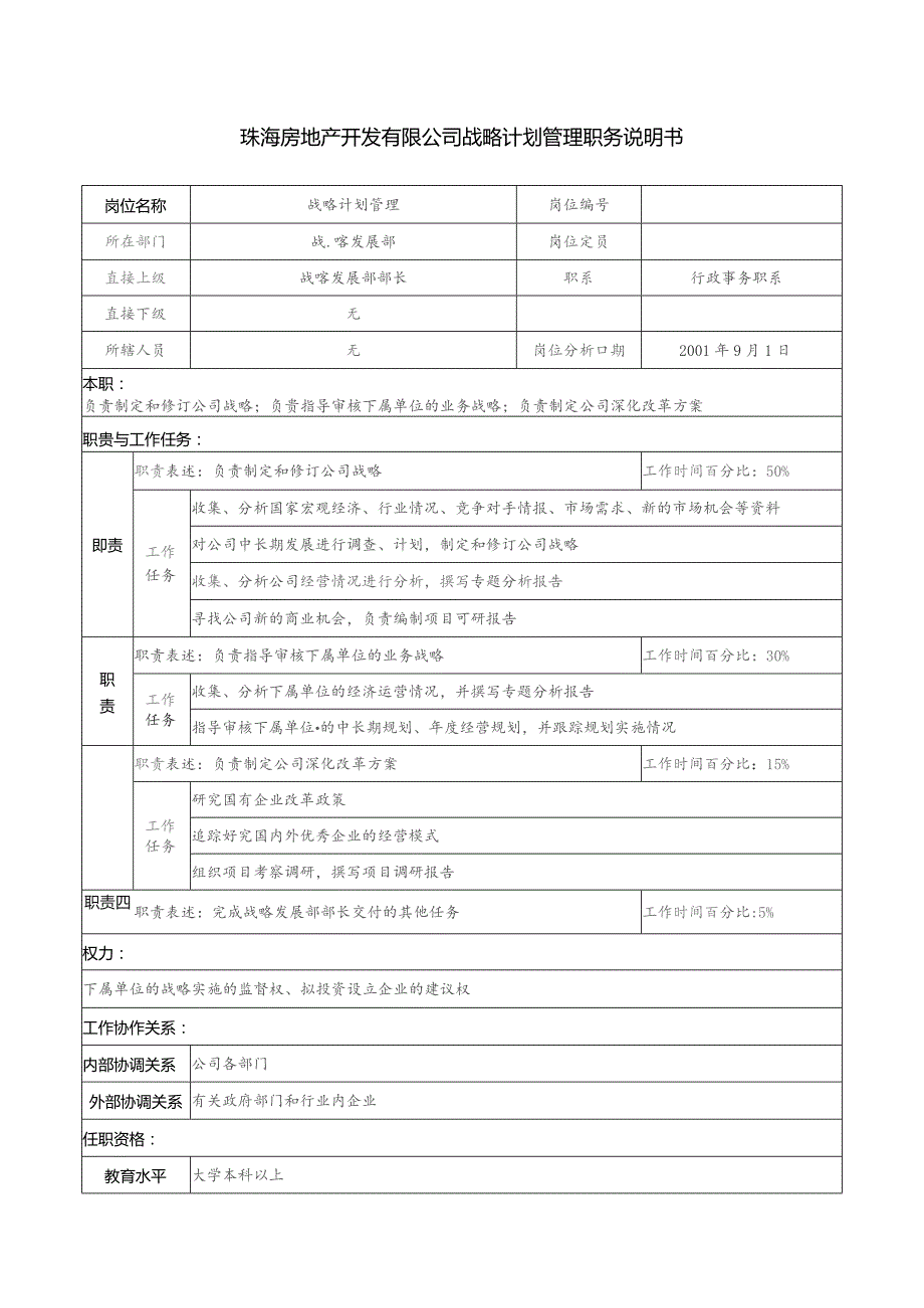 珠海房地产开发有限公司战略计划管理职务说明书.docx_第1页