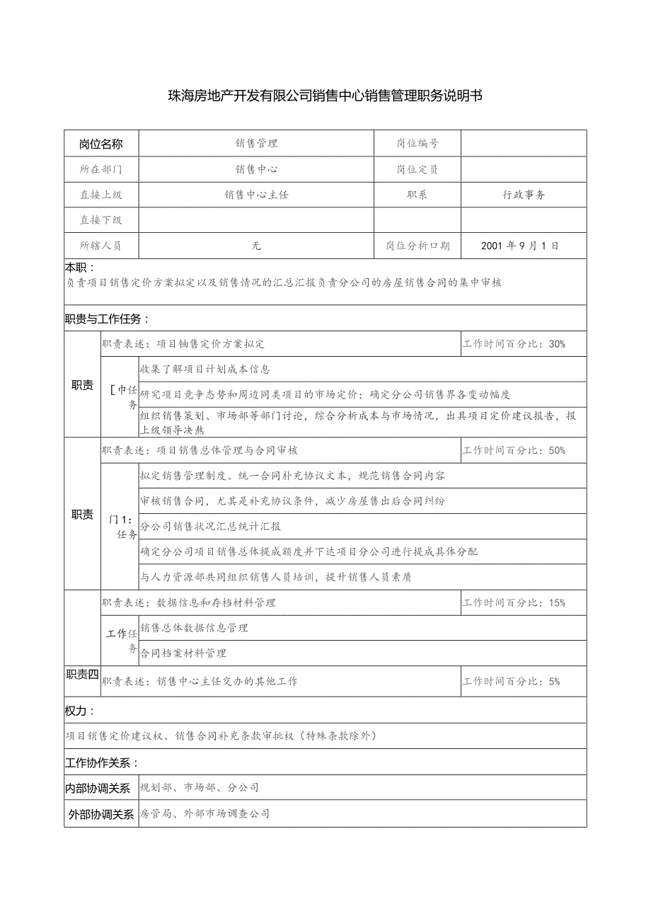 珠海房地产开发有限公司销售中心销售管理职务说明书.docx_第1页