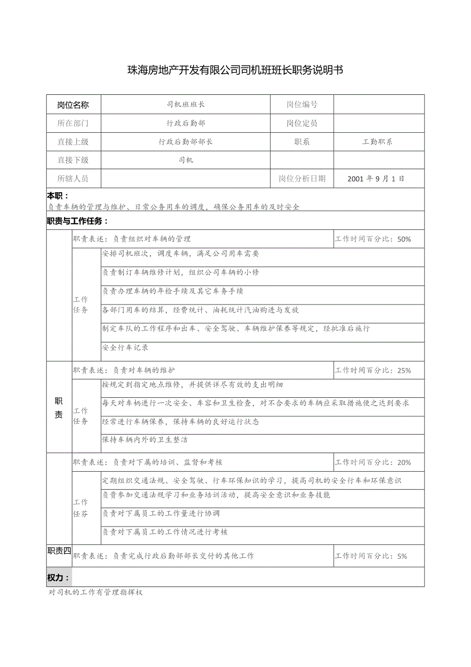 珠海房地产开发有限公司司机班班长职务说明书.docx_第1页