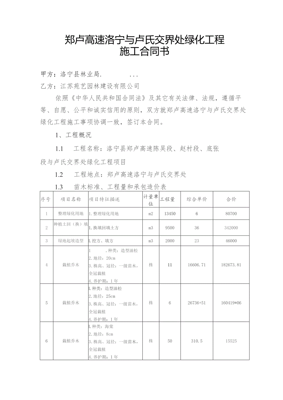 郑卢高速洛宁与卢氏交界处绿化工程施工合同书.docx_第1页