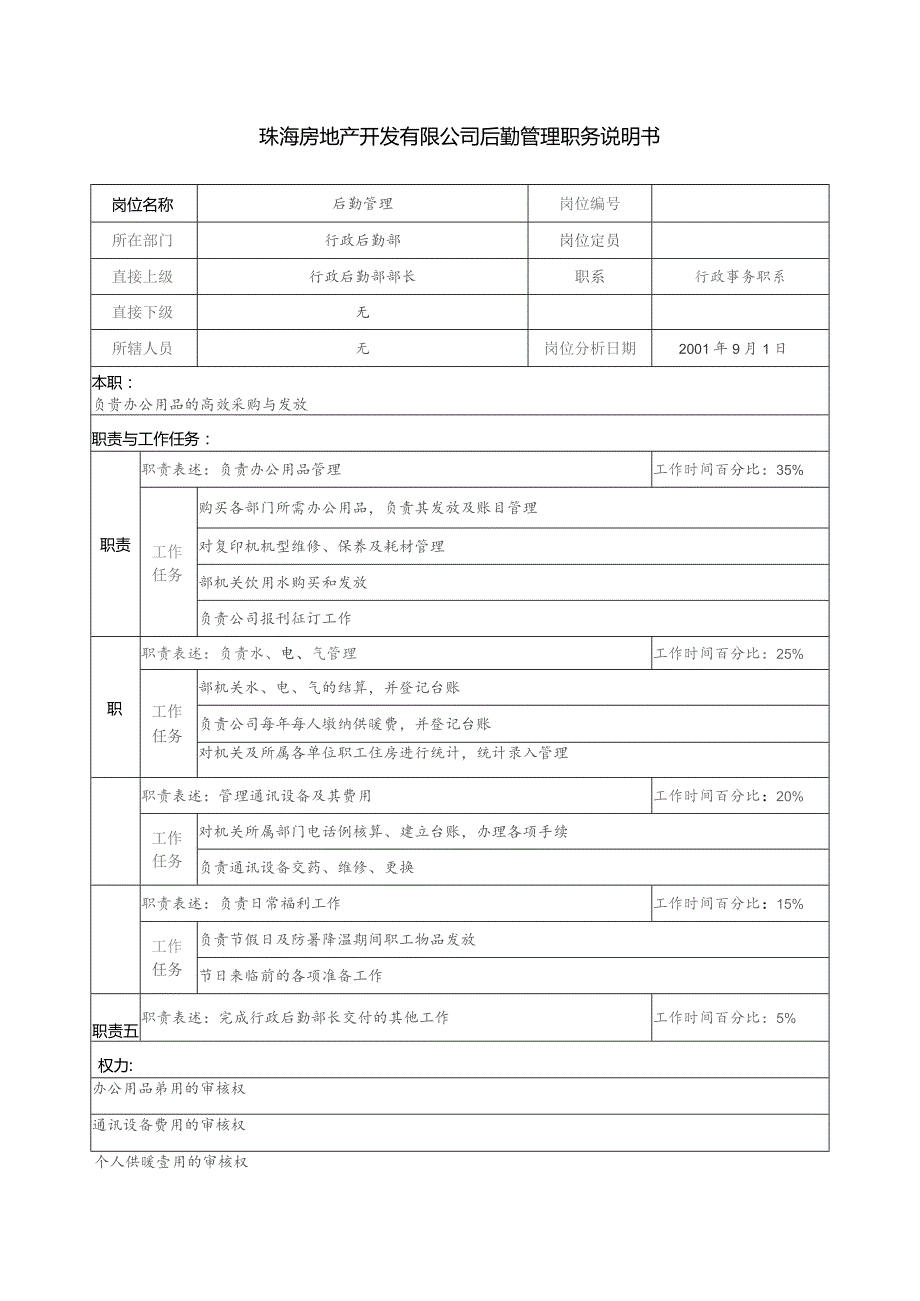 珠海房地产开发有限公司后勤管理职务说明书.docx_第1页