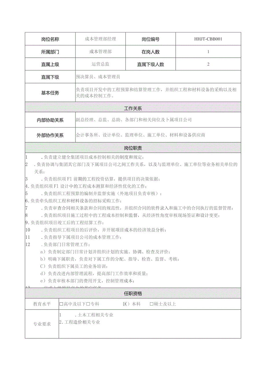 地产集团总公司成本管理部经理岗位说明书.docx_第1页