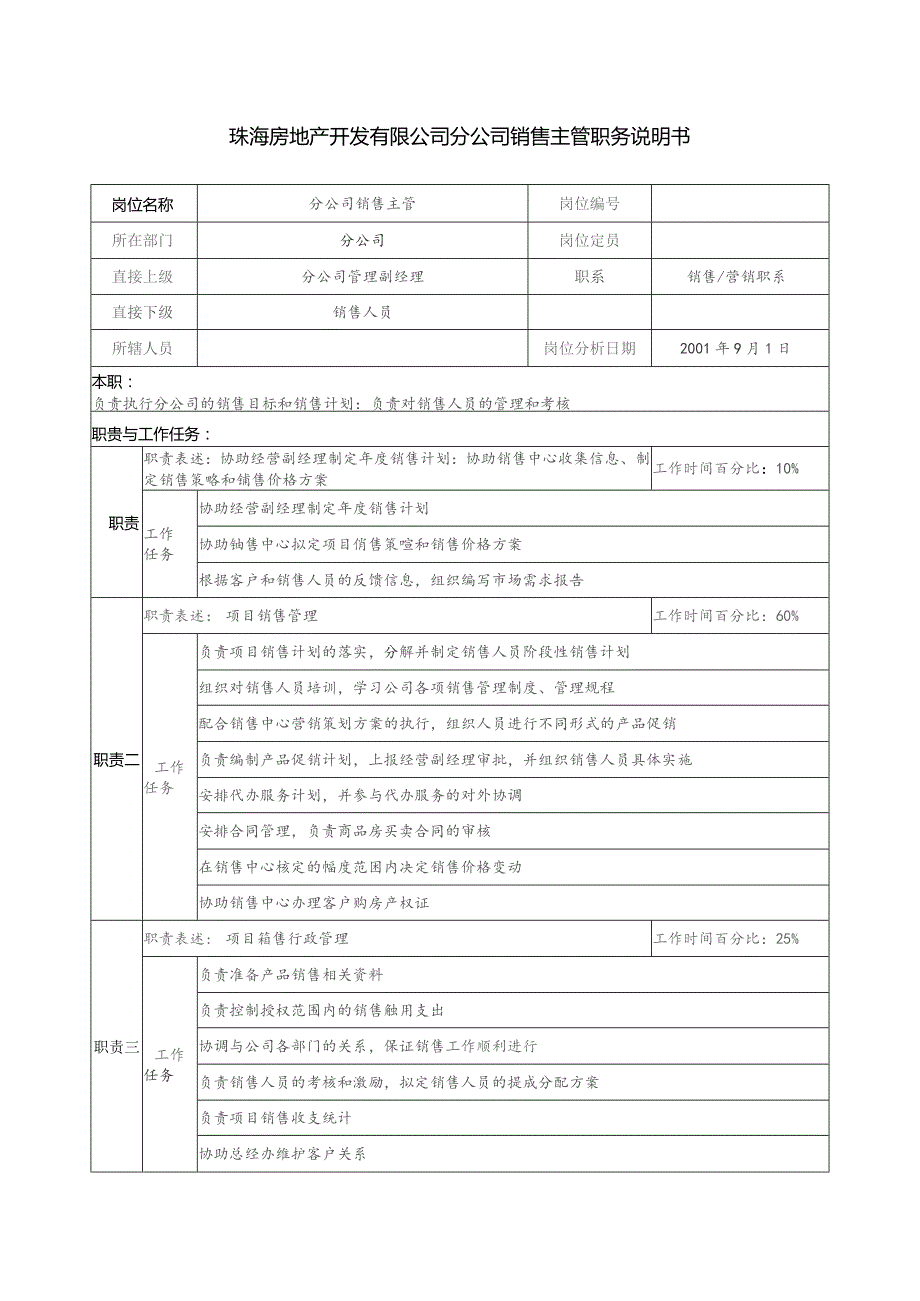 珠海房地产开发有限公司分公司销售主管职务说明书.docx_第1页