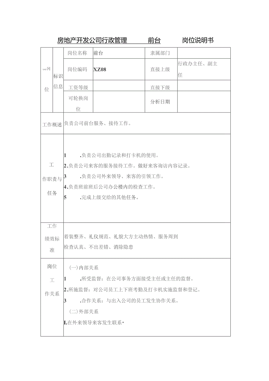 房地产开发公司行政管理前台岗位说明书.docx_第1页