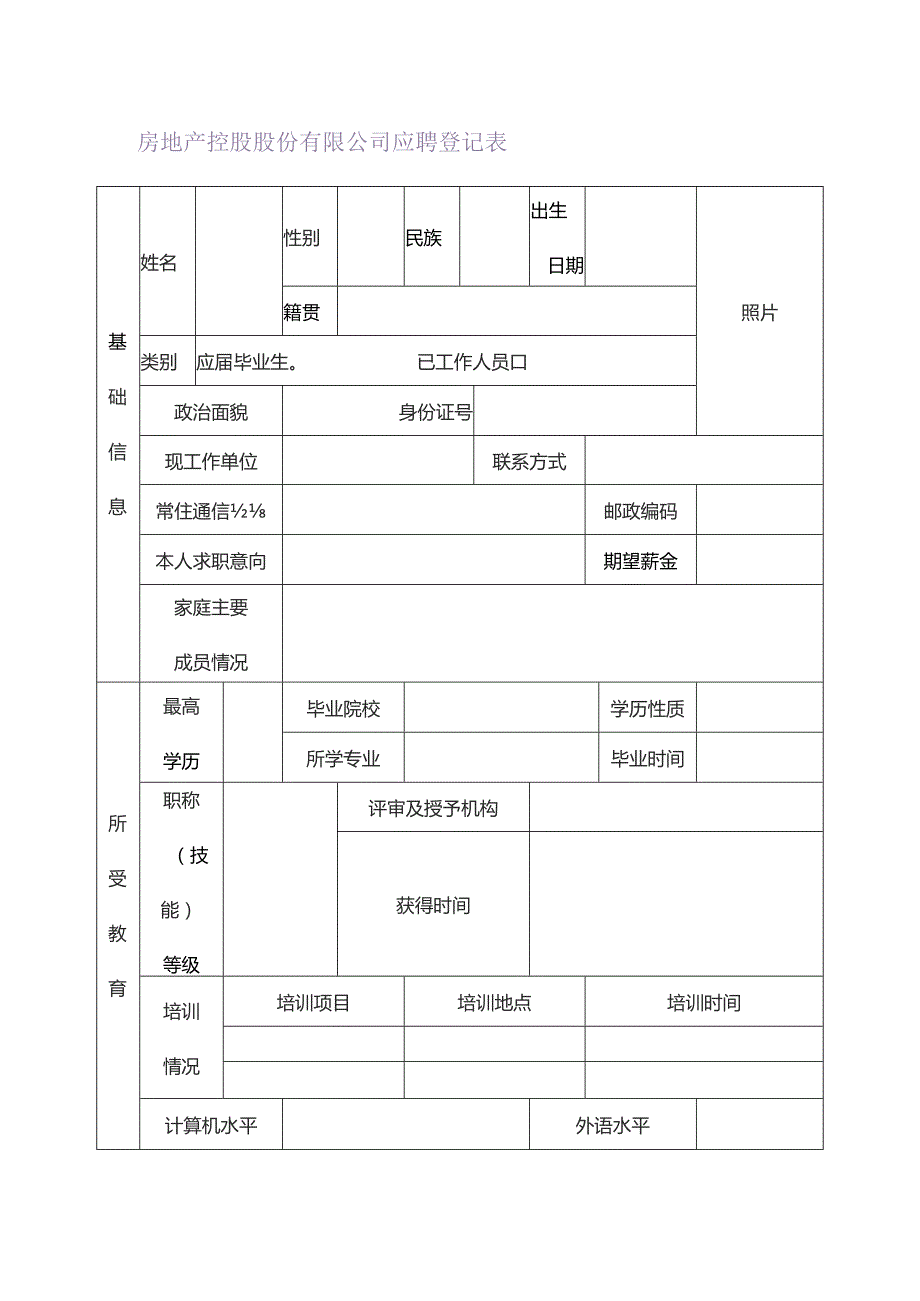 房地产控股股份有限公司应聘登记表.docx_第1页