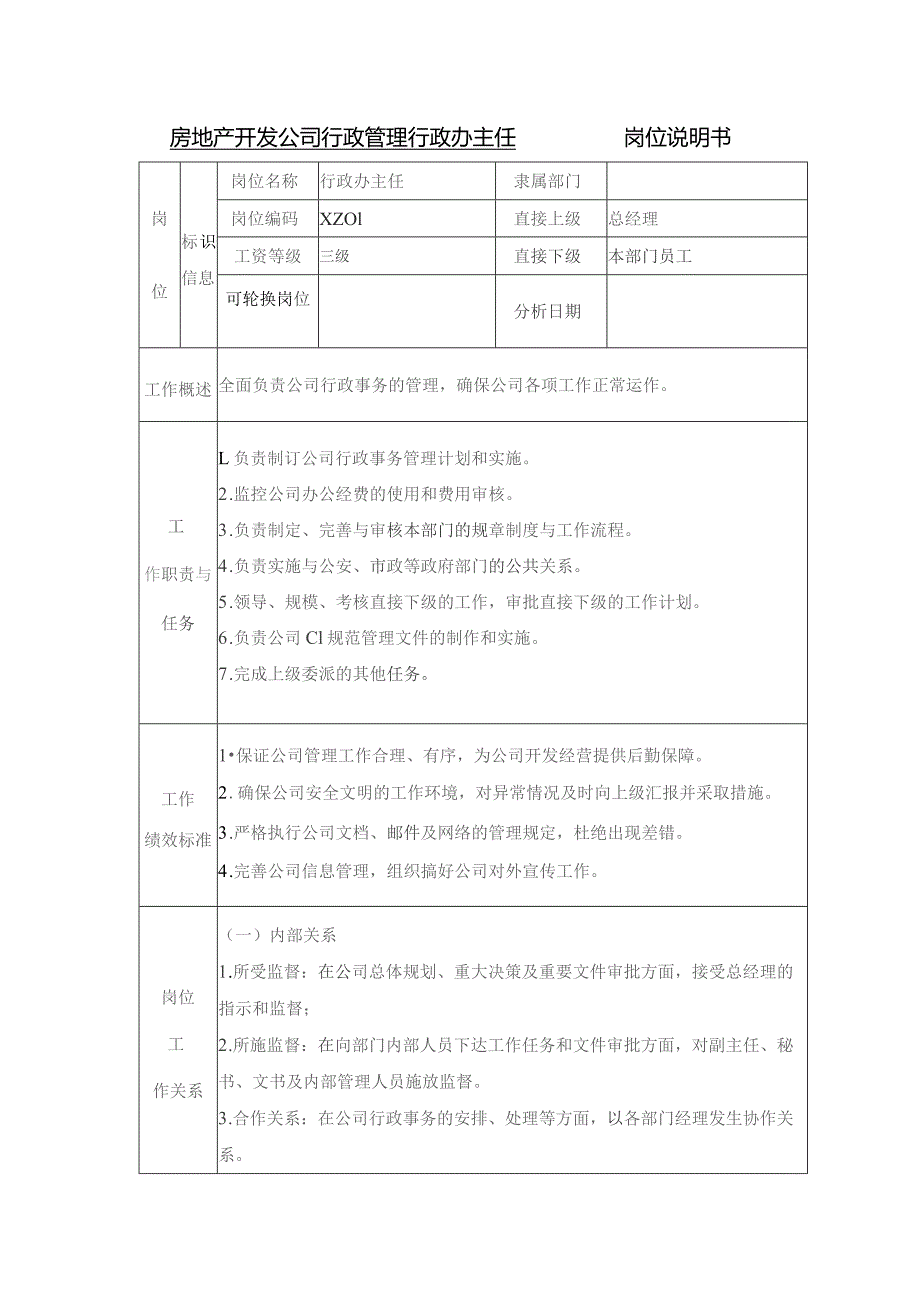 房地产开发公司行政管理行政办主任岗位说明书.docx_第1页