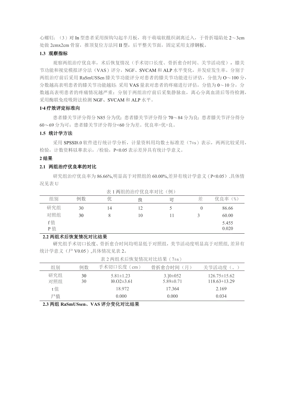 膝关节镜下有限切开骨折复位内固定术治疗胫骨平台骨折的疗效及对血清NGF、sVCAM和ALP水平的影响.docx_第3页