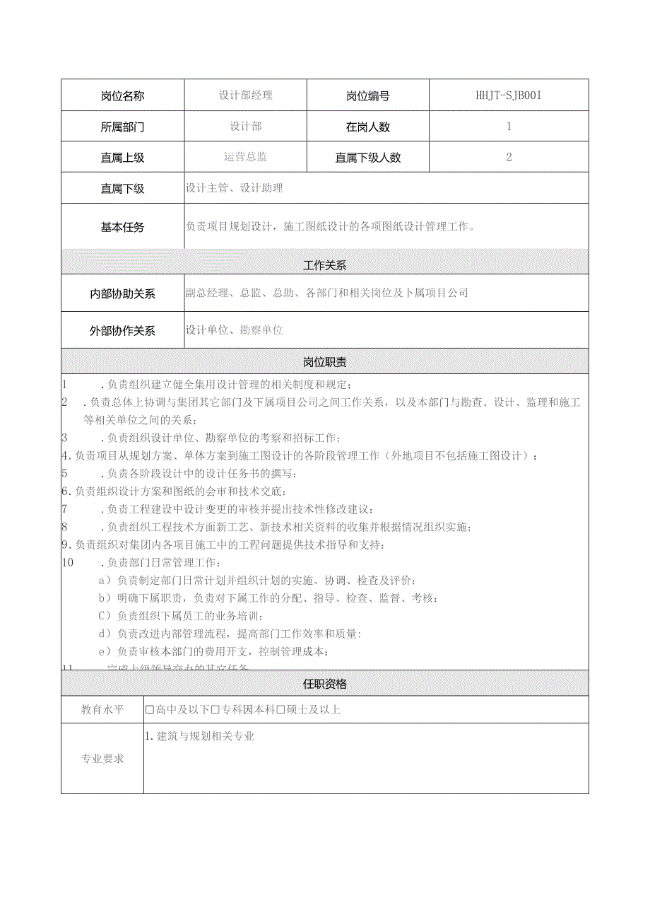 地产集团总公司设计部经理岗位说明书.docx_第1页