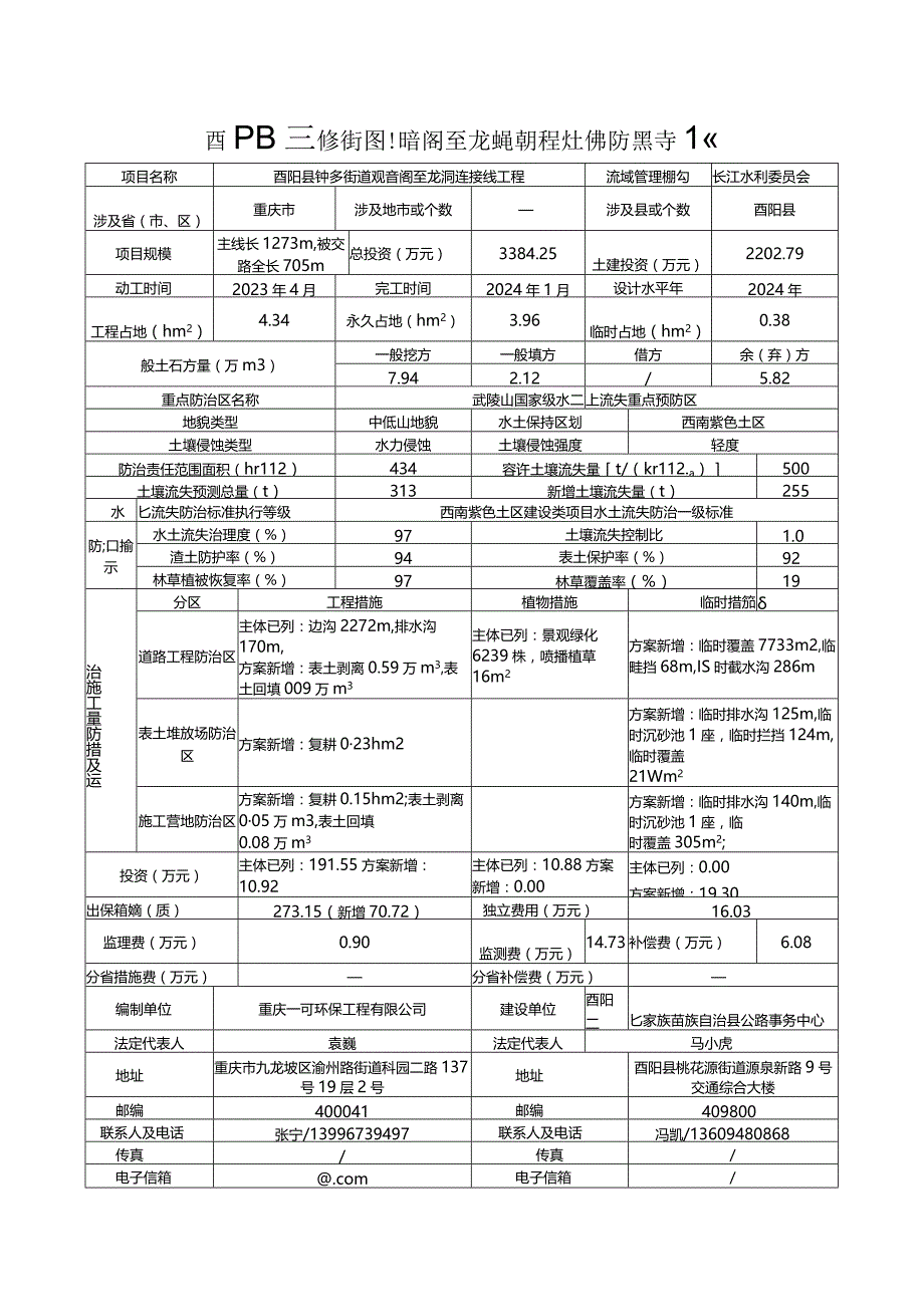 酉阳县钟多街道观音阁至龙洞连接线工程水土保持方案特性表.docx_第1页