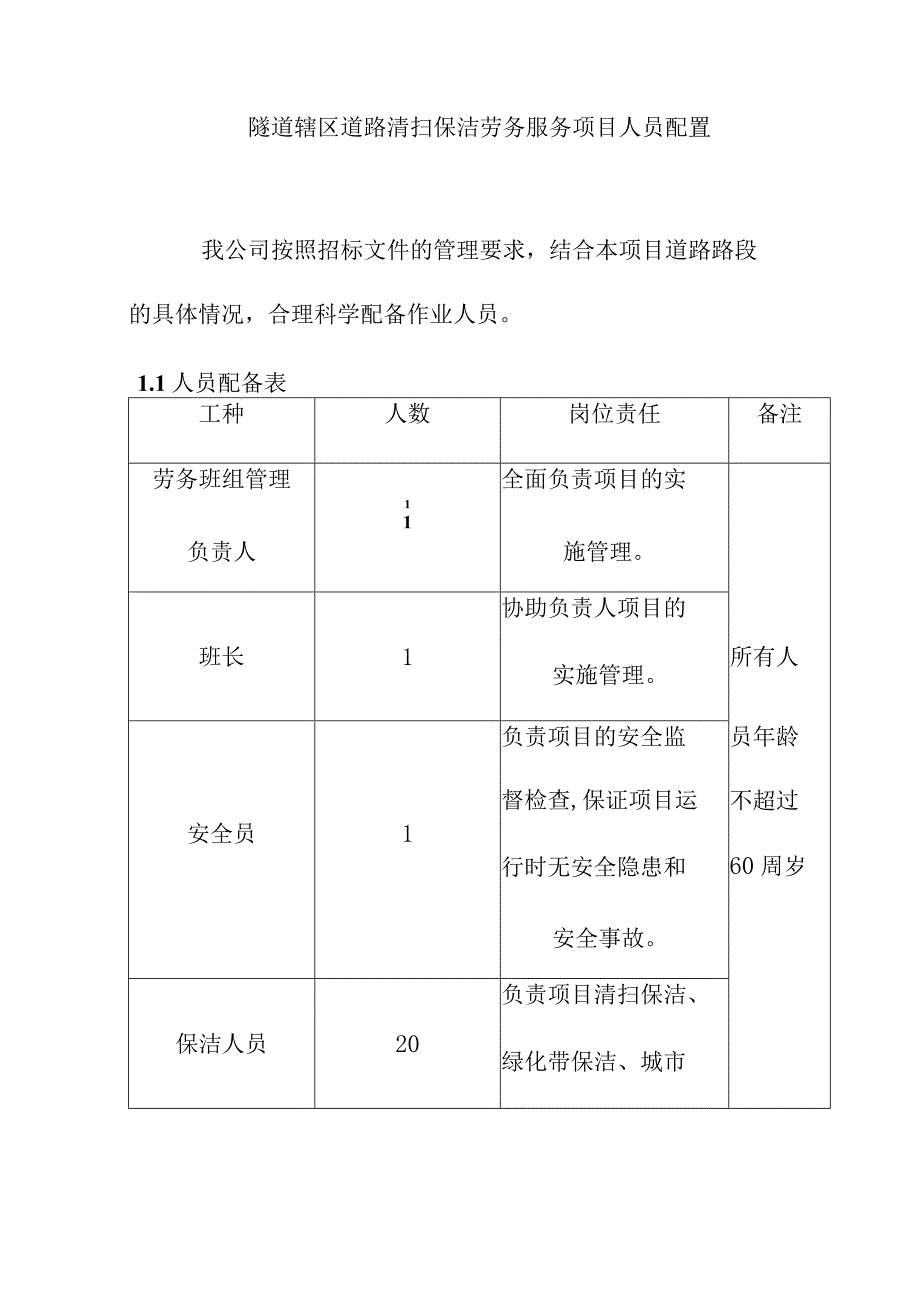 隧道辖区道路清扫保洁劳务服务项目人员配置.docx_第1页