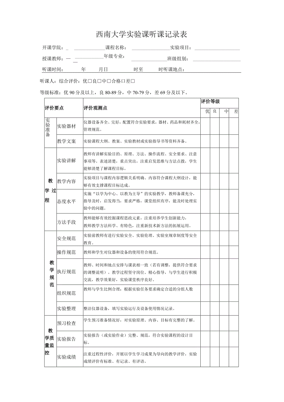 西南大学实验课听课记录表.docx_第1页