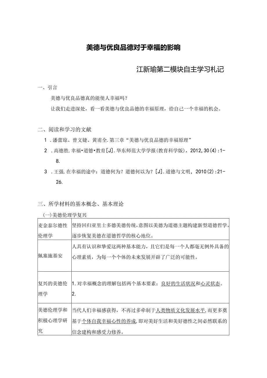 美德与优良品德对于幸福的影响——江新瑜第二模块自主学习札记.docx_第1页