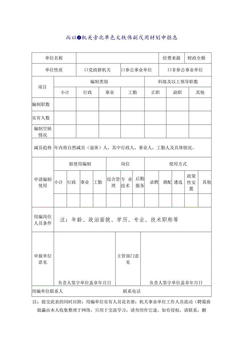 南江县机关事业单位空缺编制使用计划申报表.docx_第1页