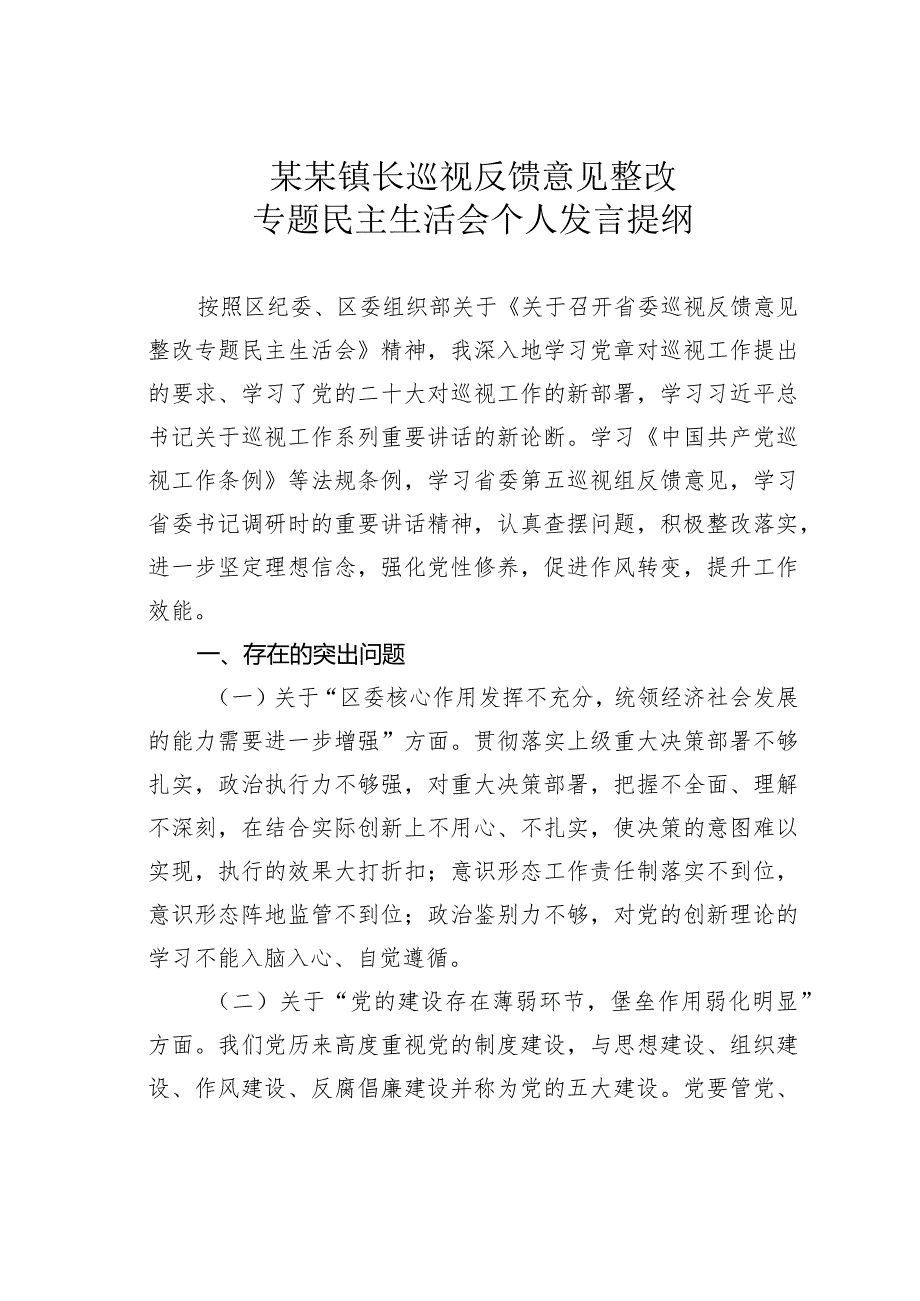 某某镇长巡视反馈意见整改专题民主生活会个人发言提纲.docx_第1页