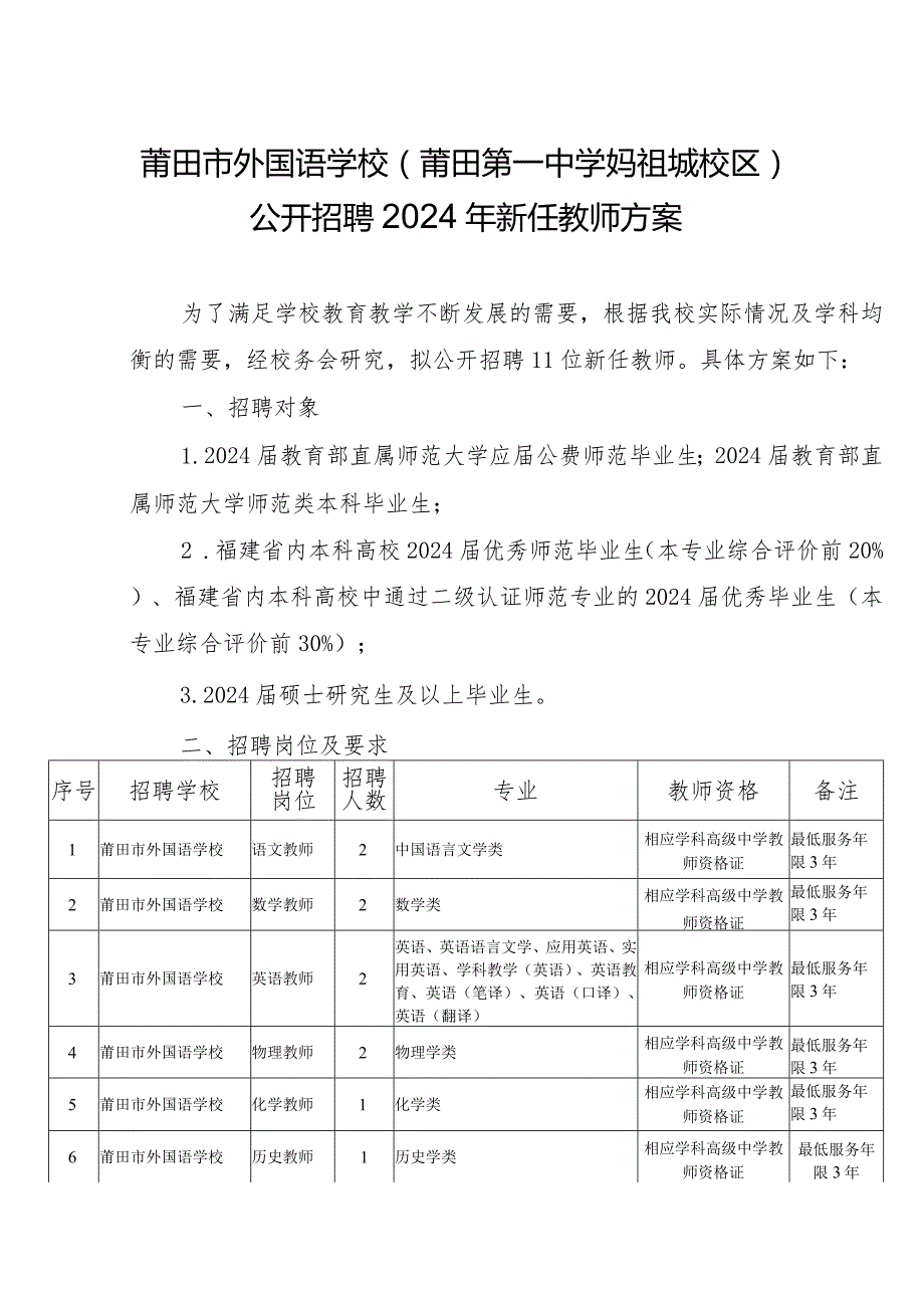 莆田市外国语学校莆田第一中学妈祖城校区公开招聘2024年新任教师方案.docx_第1页