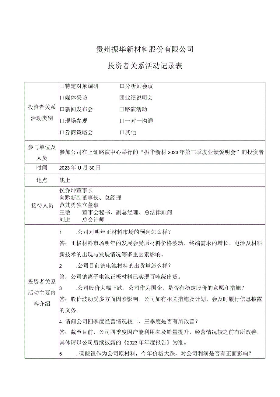 贵州振华新材料股份有限公司投资者关系活动记录表.docx_第1页