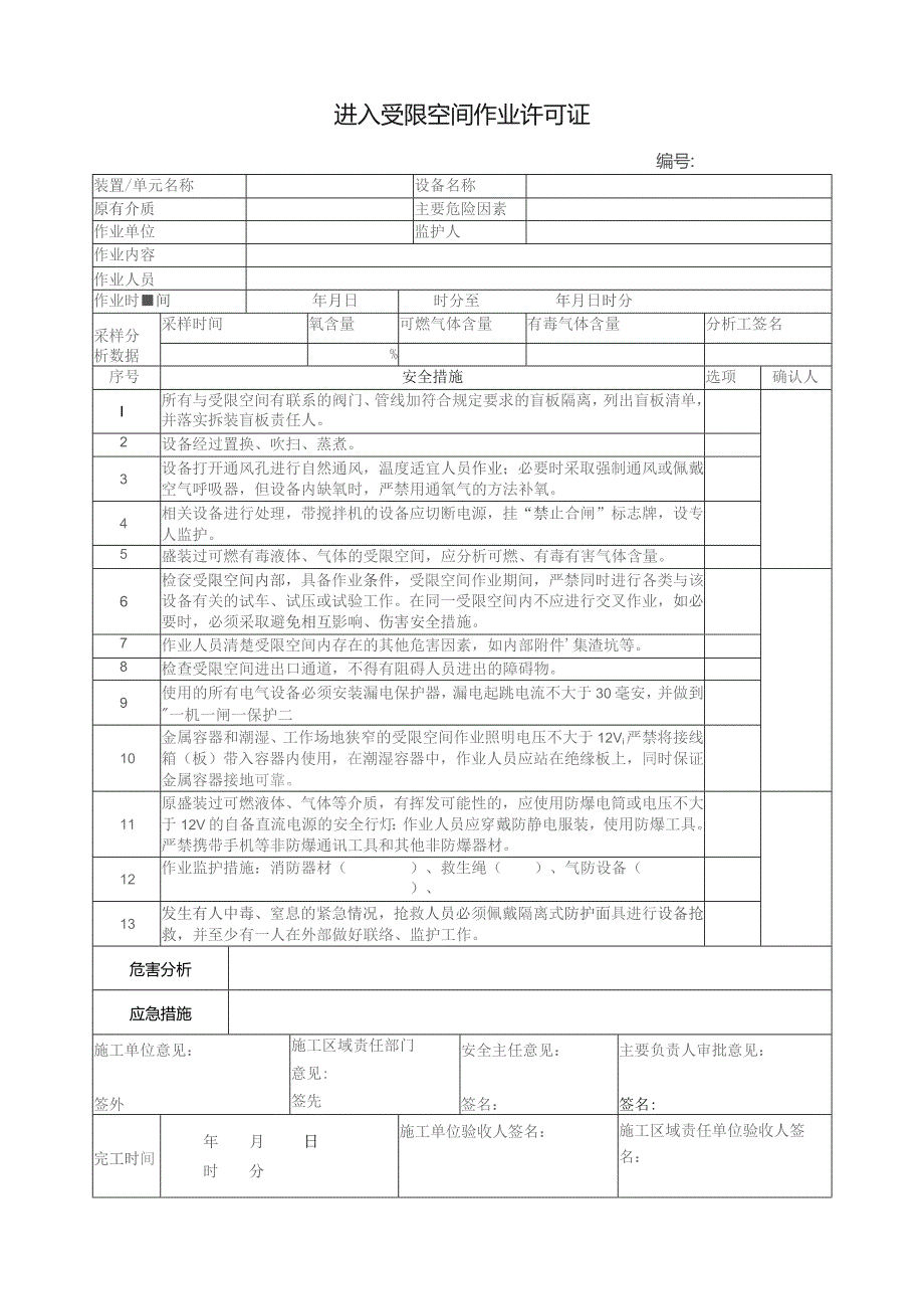 进入受限空间作业许可证.docx_第1页