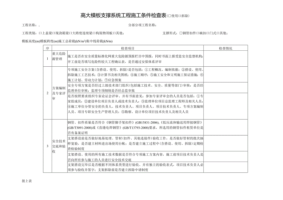 高支模施工检查表.docx_第1页