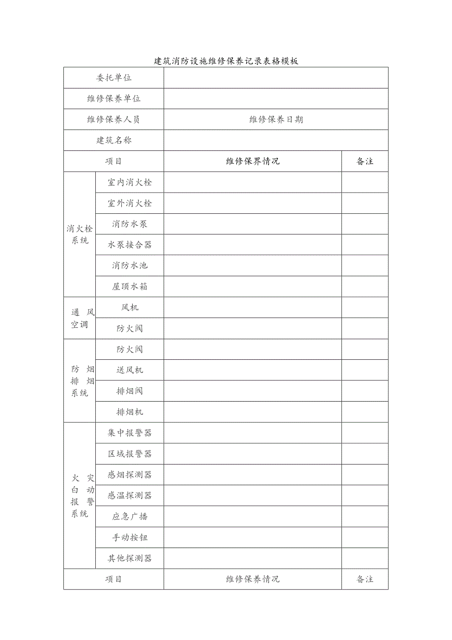 建筑消防设施维修保养记录表格模板.docx_第1页