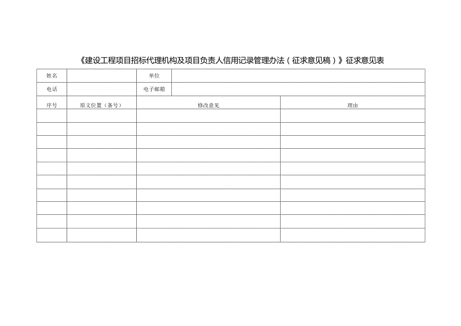 建设工程项目招标代理机构及项目负责人信用记录管理办法（征求意见稿）》征求意见表.docx_第1页