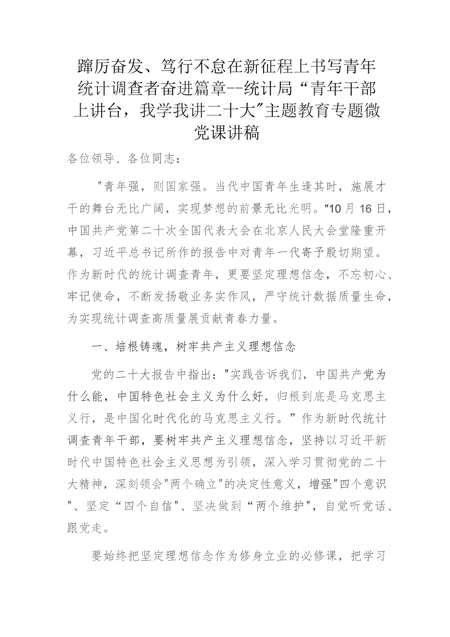 踔厉奋发、笃行不怠 在新征程上书写青年统计调查者奋进篇章——统计局“青年干部上讲台我学我讲二十大”主题教育专题微党课讲稿.docx_第1页