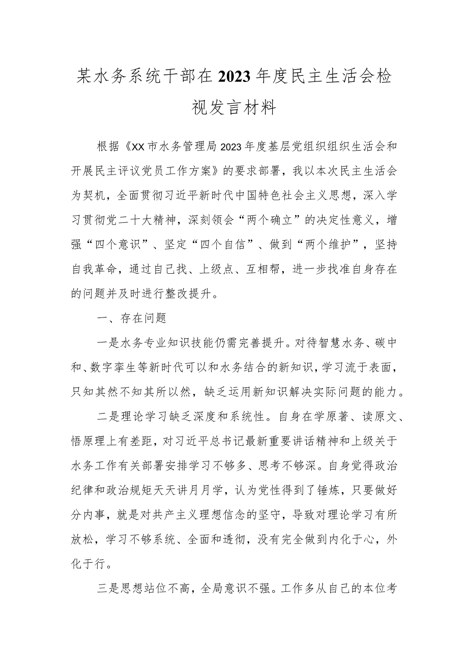 某水务系统干部在2023年度民主生活会检视发言材料.docx_第1页