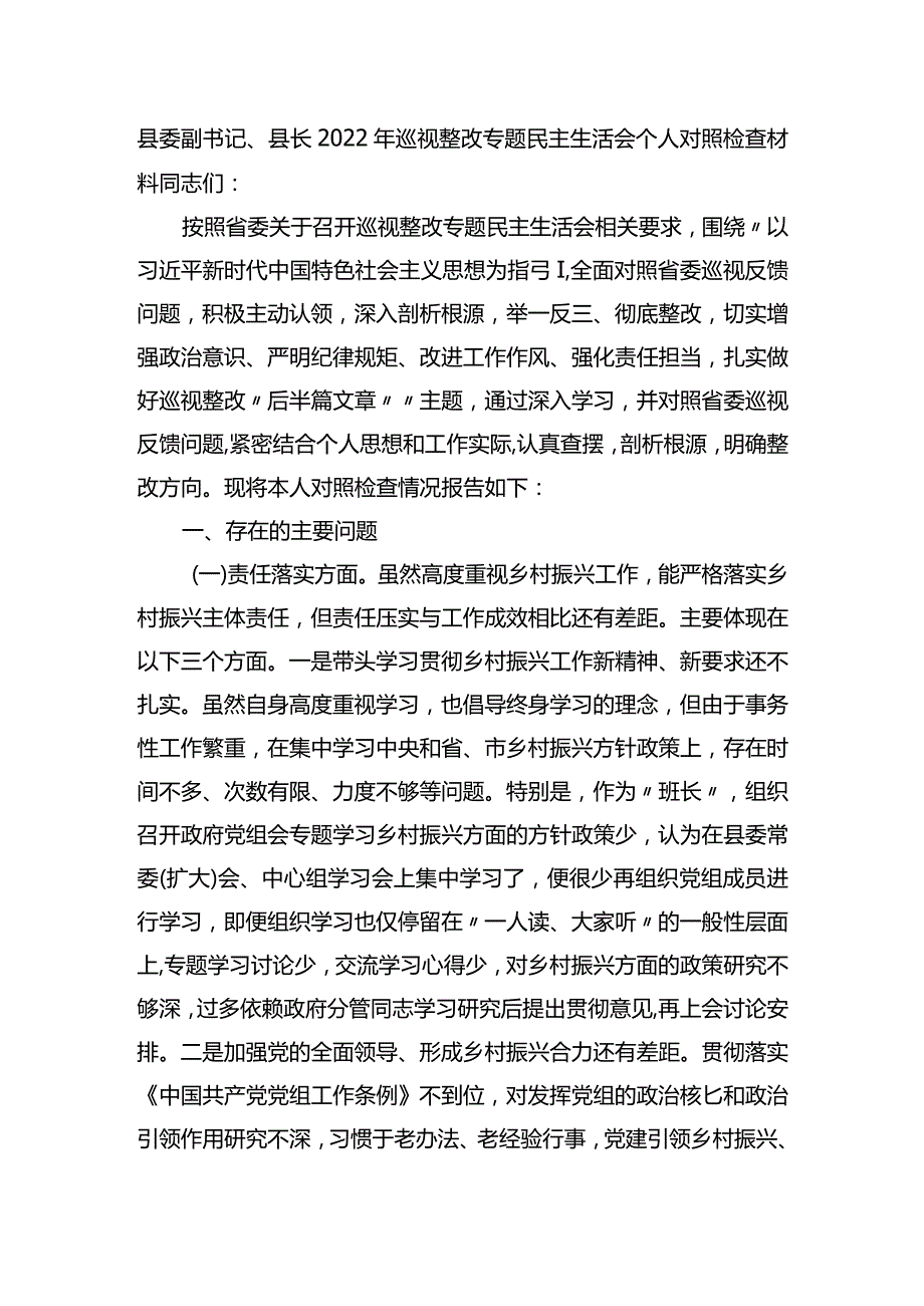 县长2023年巡视整改专题民主生活会个人对照检查材料.docx_第1页