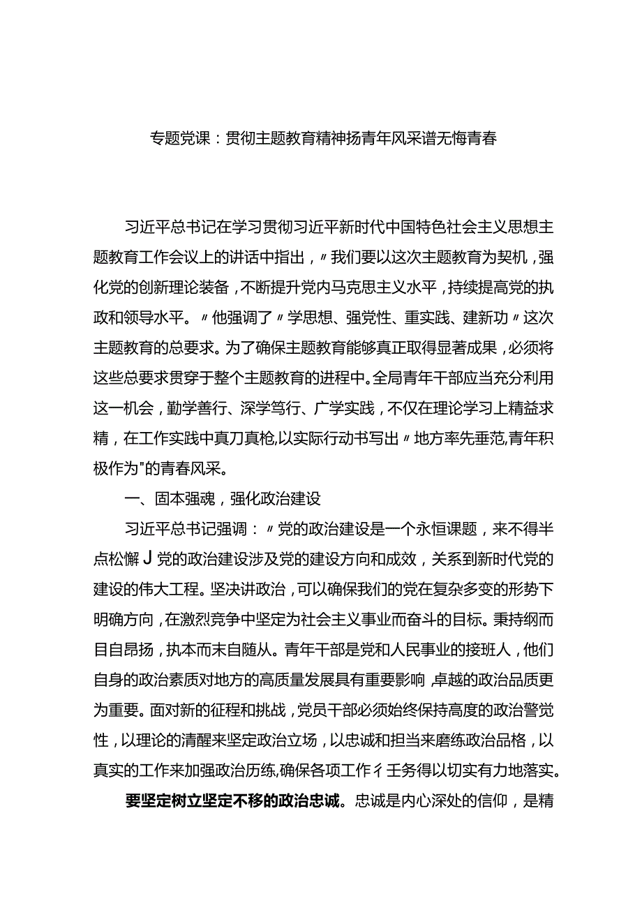 专题党课：贯彻主题教育精神+扬青年风采+谱无悔青春.docx_第1页