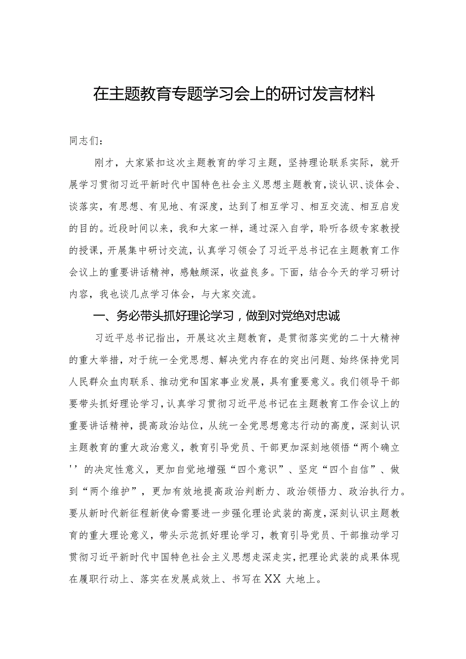 在主题教育专题学习会上的研讨发言材料 .docx_第1页