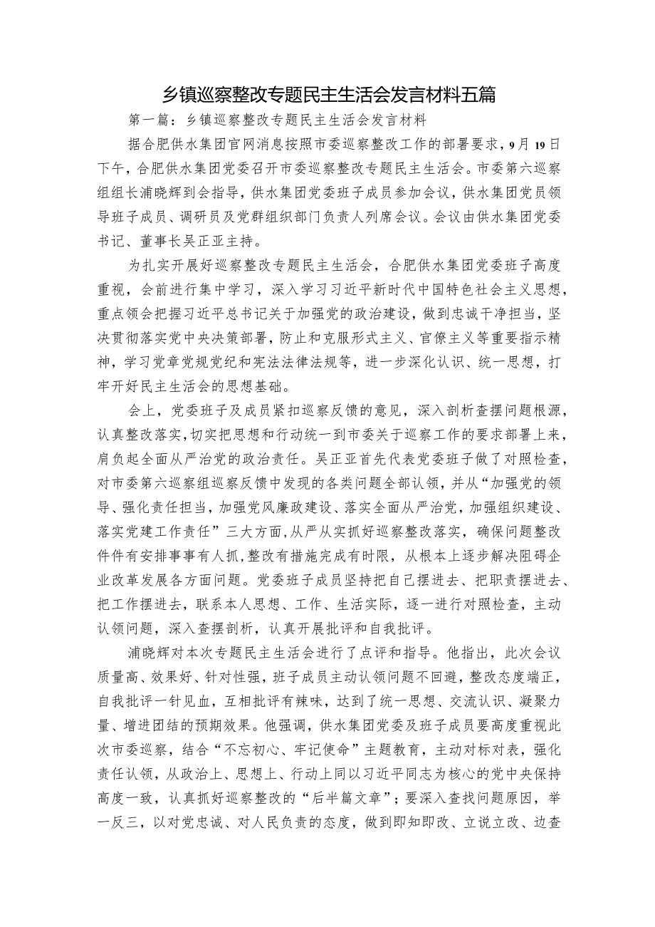 乡镇巡察整改专题民主生活会发言材料五篇.docx_第1页