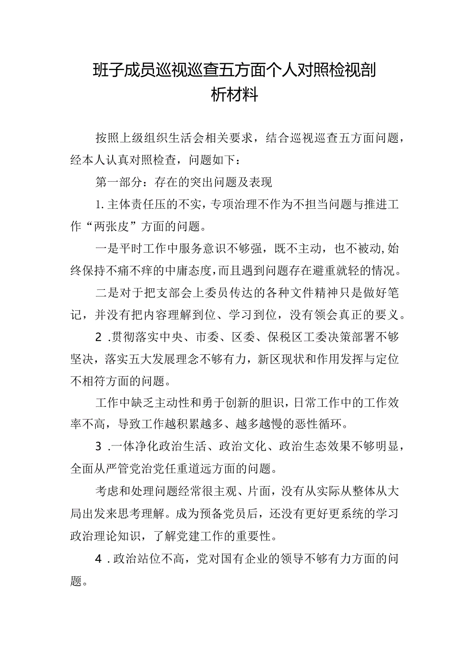 班子成员巡视巡查五方面个人对照检视剖析材料.docx_第1页